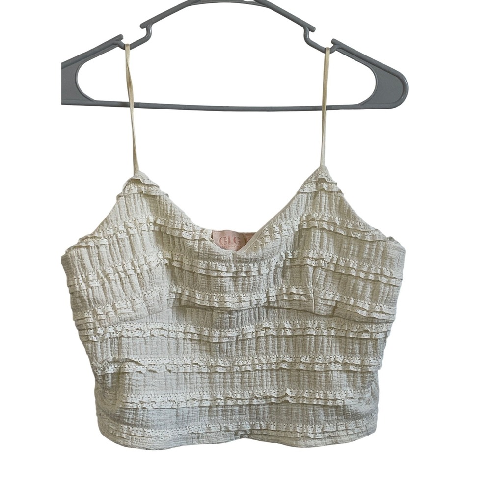 Good Luck Gem Womens XL Cream White Tiered Ruffle Lace Cropped Cami Top Coquette